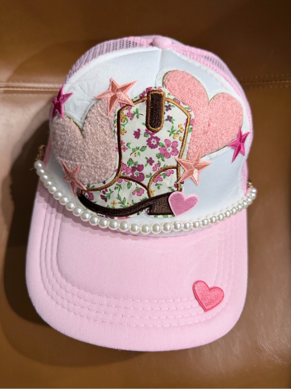 Pink Floral Cowboy Boot Pearl Trucker Hat